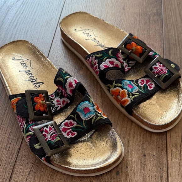 Free People Shoes - Free People Black Embroidered Double-Strap Sandals with Gold Footbed